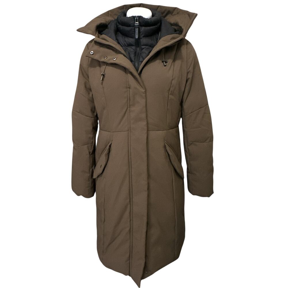 Cole Haan Signature Insulated Parka Women L Brown Winter Coat Hooded Bib Insert - Picture 2 of 9